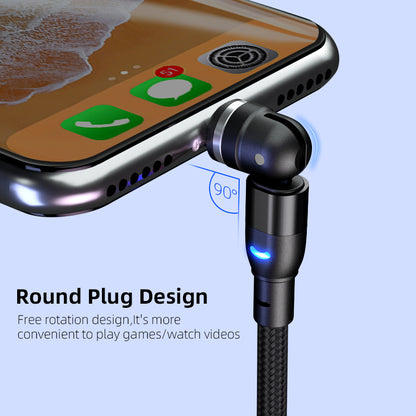 Black 90-degree round plug charging cable connected to smartphone for gaming and video watching