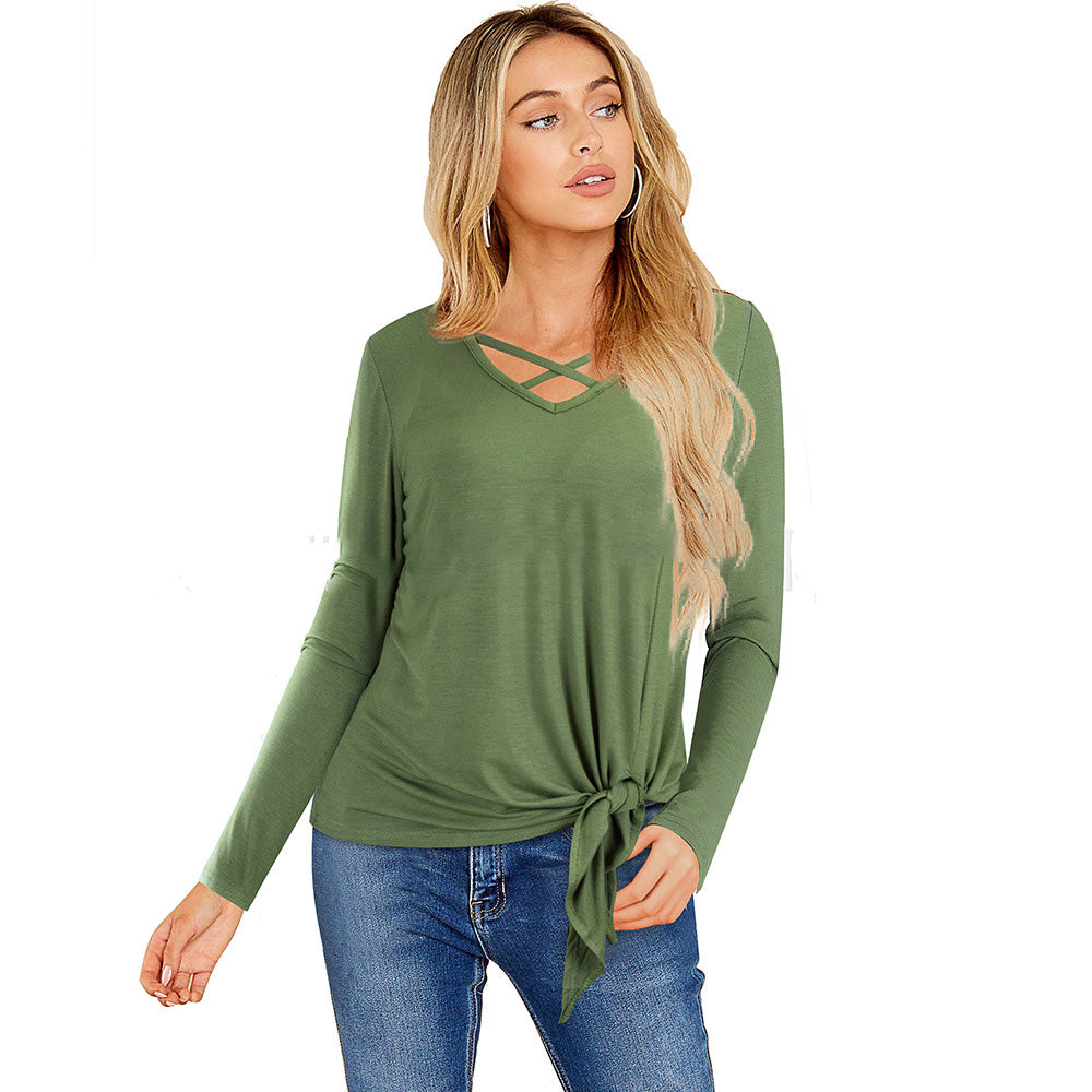 Women Casual T-Shirts - Long Sleeve Bandage Style Tee With Hollow Stitching