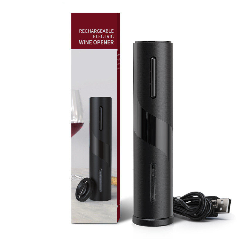 Black rechargeable electric wine opener with USB cable and packaging box on white background