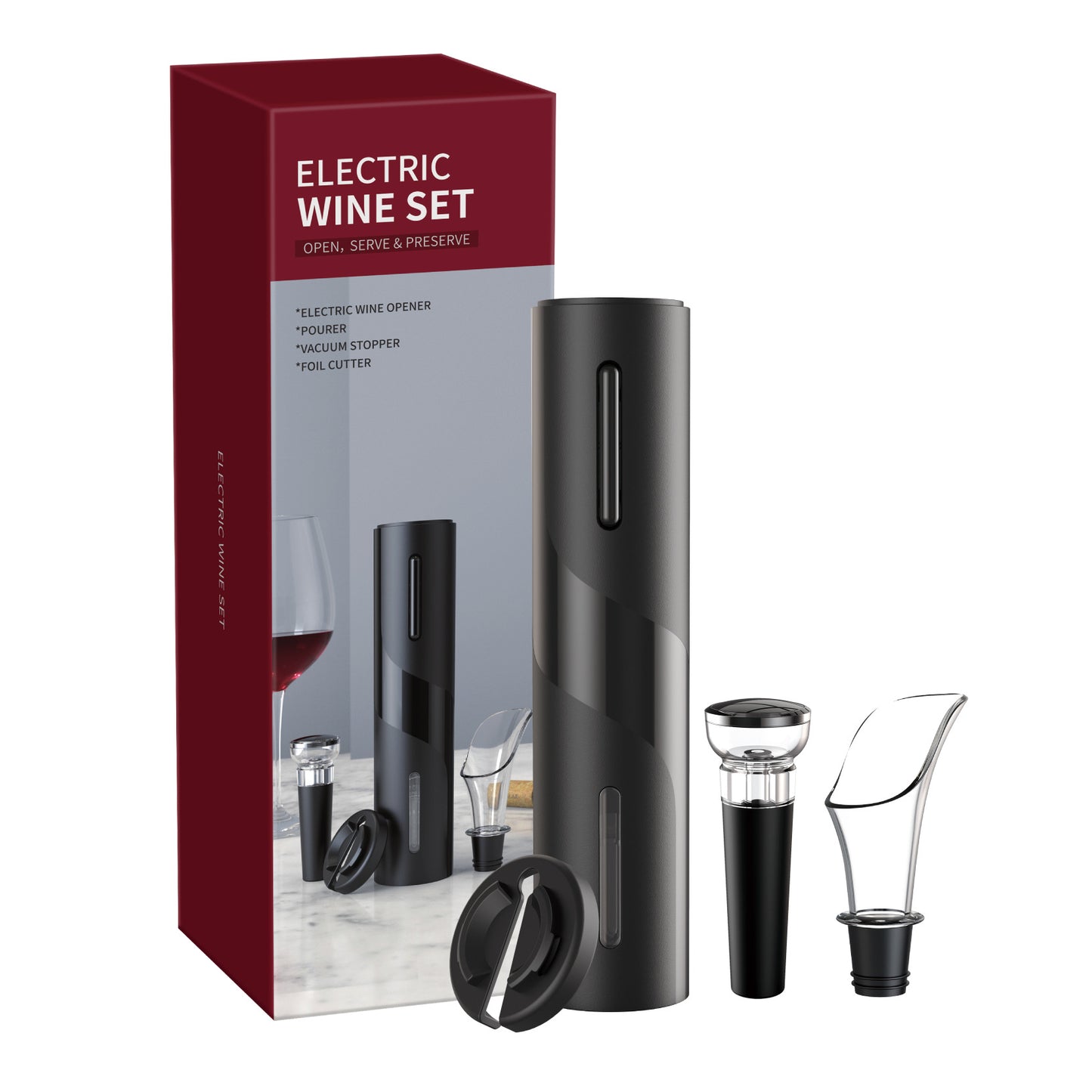 Electric wine set with black electric wine opener, pourer, vacuum stopper, and foil cutter on marble surface