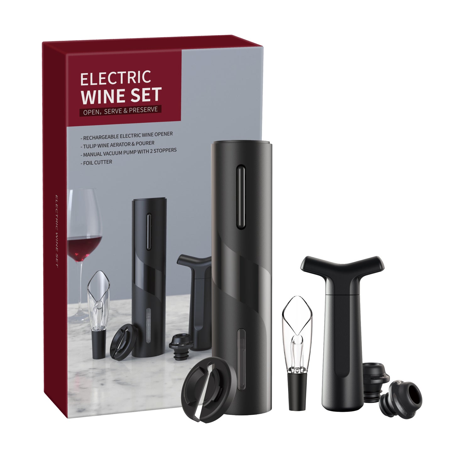 Electric wine set with rechargeable opener, wine aerator, vacuum pump, stoppers, and foil cutter