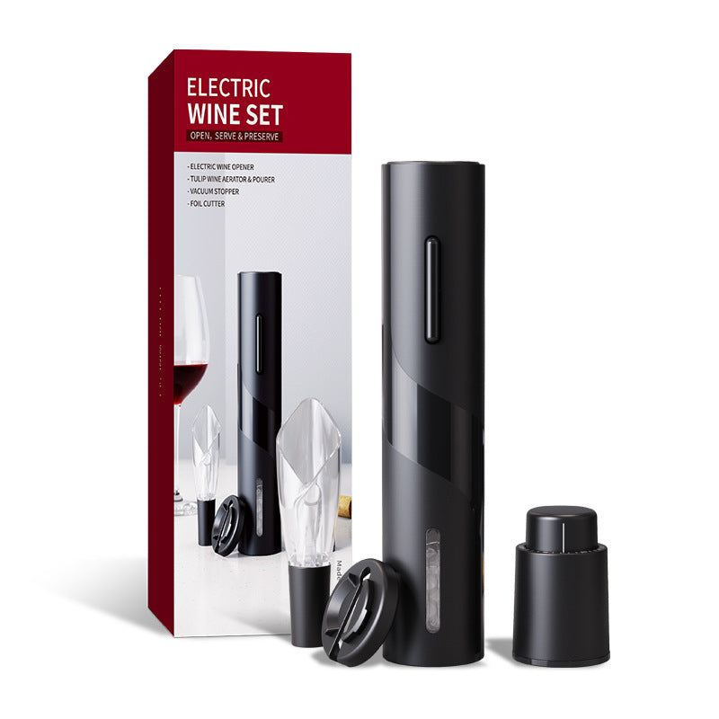Electric wine set with black electric wine opener, tulip aerator, vacuum stopper, and foil cutter