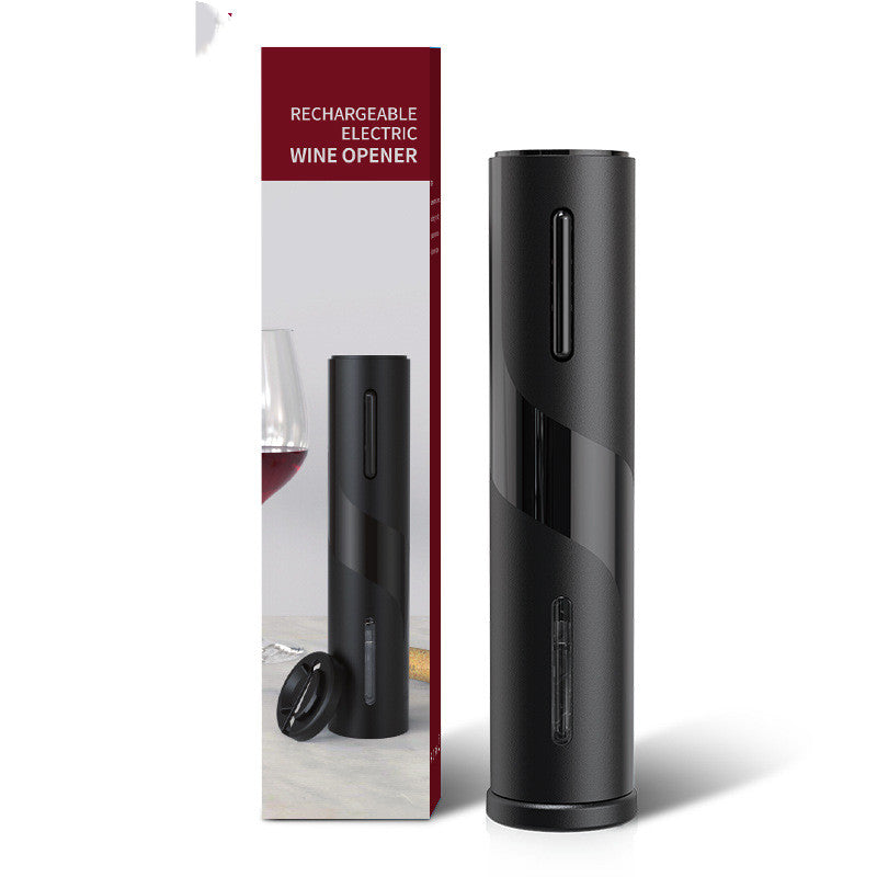 Sleek black rechargeable electric wine opener with transparent window and packaging box
