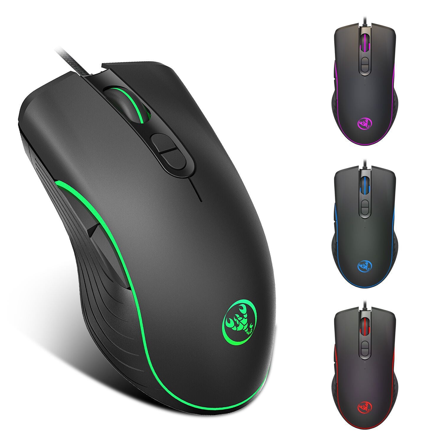 Black wired gaming mouse with RGB lighting in green, purple, blue, and red accents and ergonomic design