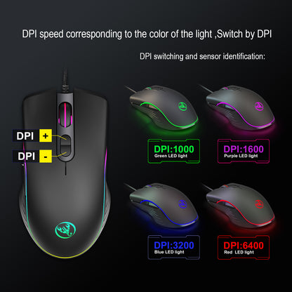 Gaming mouse with RGB LED lights indicating DPI settings: green 1000, purple 1600, blue 3200, red 6400