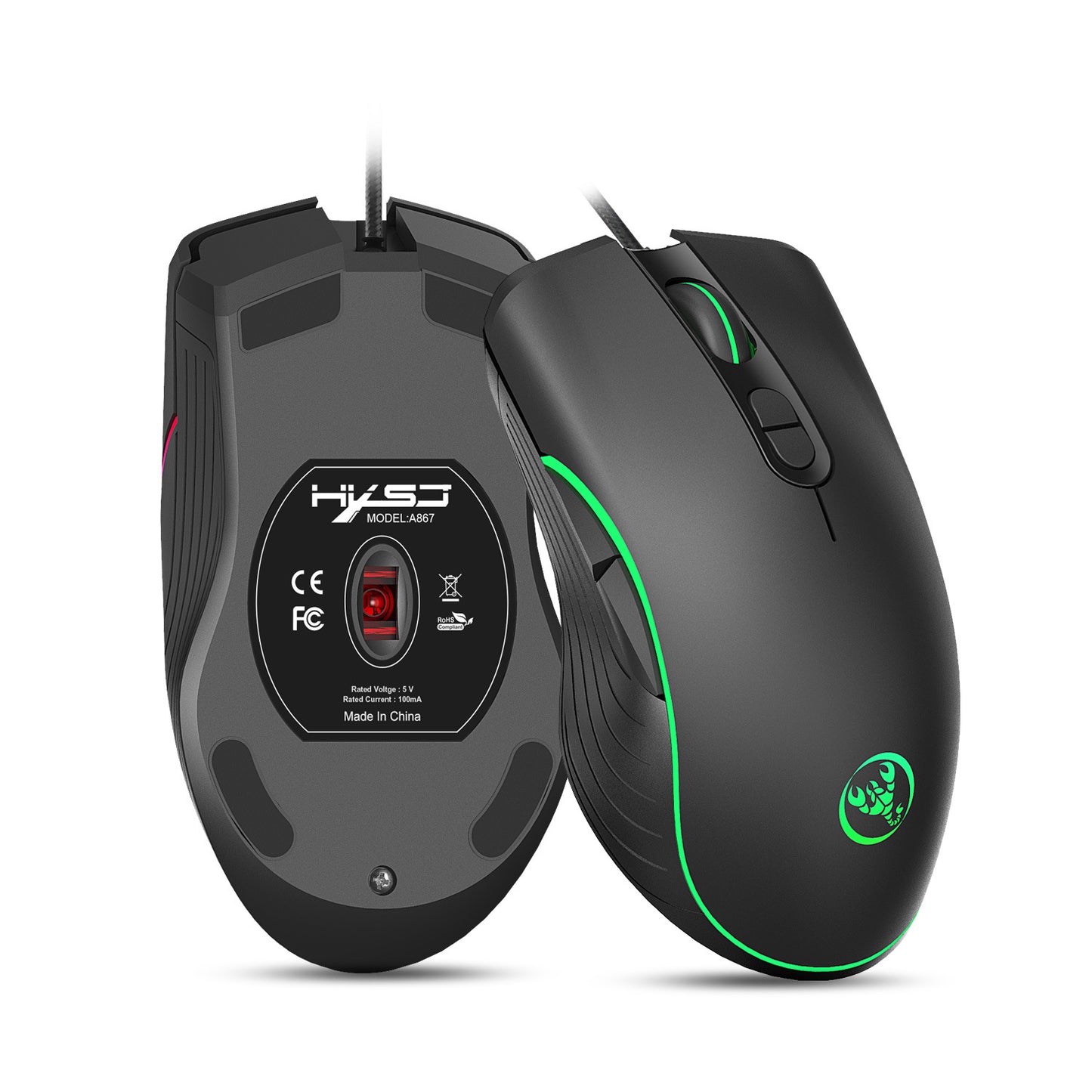 Black wired gaming mouse with green LED lighting and ergonomic design, shown front and bottom views