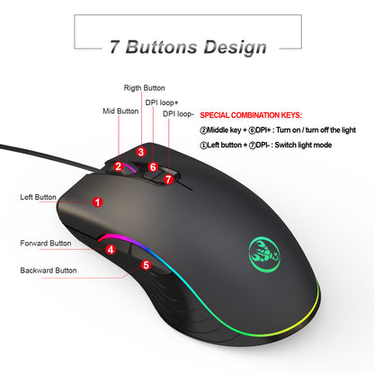 Black wired gaming mouse with 7 buttons highlighted and RGB lighting accents featuring DPI adjustment and side forward/backward buttons