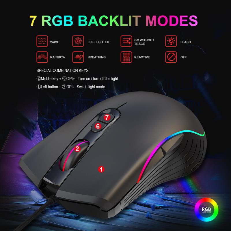 Black wired gaming mouse with 7 RGB backlit modes and labeled buttons on a dark background