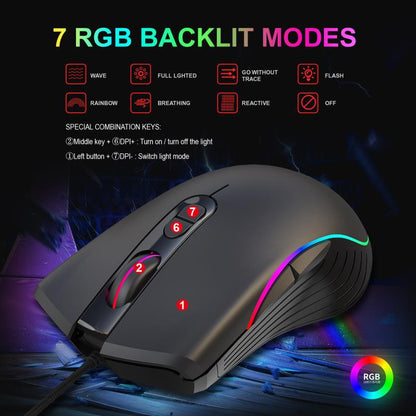Black wired gaming mouse with 7 RGB backlit modes and labeled buttons on a dark background
