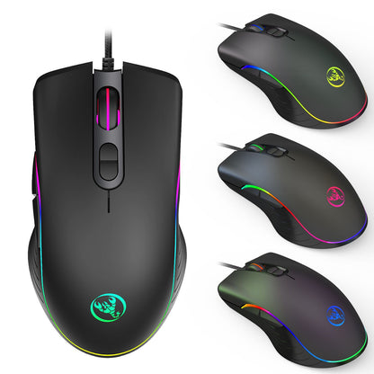 Black wired gaming mouse with RGB lighting and scorpion logo shown from top and side views