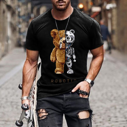 Collarless Black T-Shirt - Teddy Bear Print Casual Round Neck Short Sleeve Tee