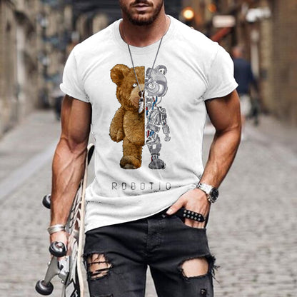Collarless Black T-Shirt - Teddy Bear Print Casual Round Neck Short Sleeve Tee