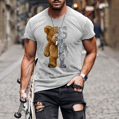 Collarless Black T-Shirt - Teddy Bear Print Casual Round Neck Short Sleeve Tee