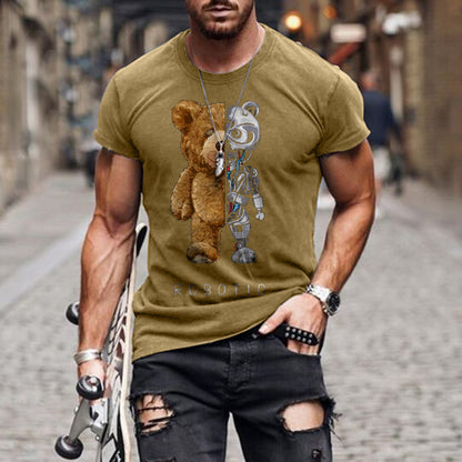 Collarless Black T-Shirt - Teddy Bear Print Casual Round Neck Short Sleeve Tee