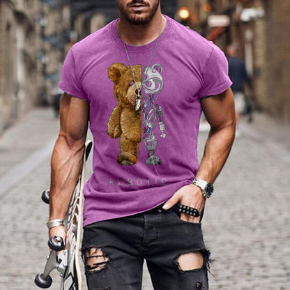 Collarless Black T-Shirt - Teddy Bear Print Casual Round Neck Short Sleeve Tee