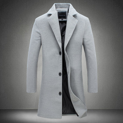 Mens Woolen Coat - Casual Business Medium Length Solid Color Outerwear