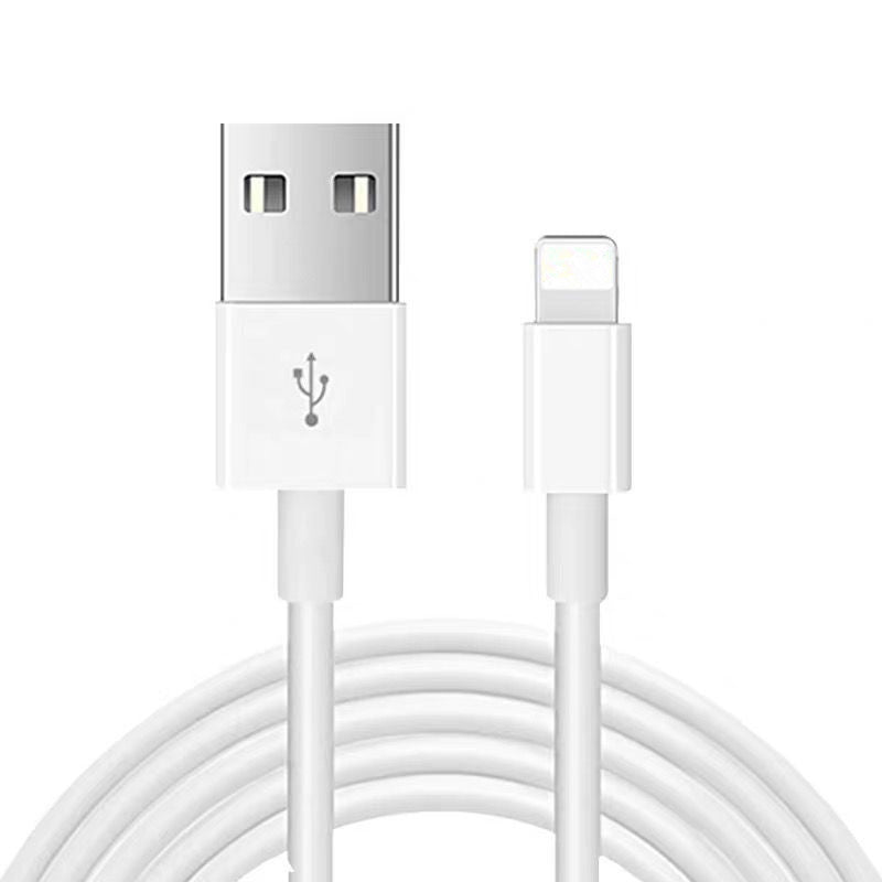 White USB to Lightning charging cable with coiled wire on white background