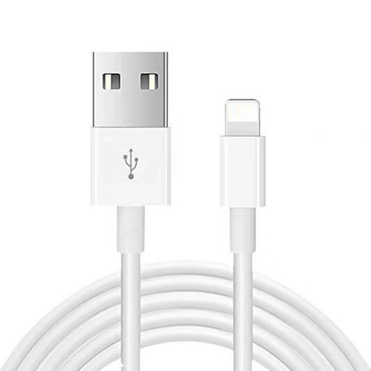 White USB to Lightning charging cable with coiled wire on white background