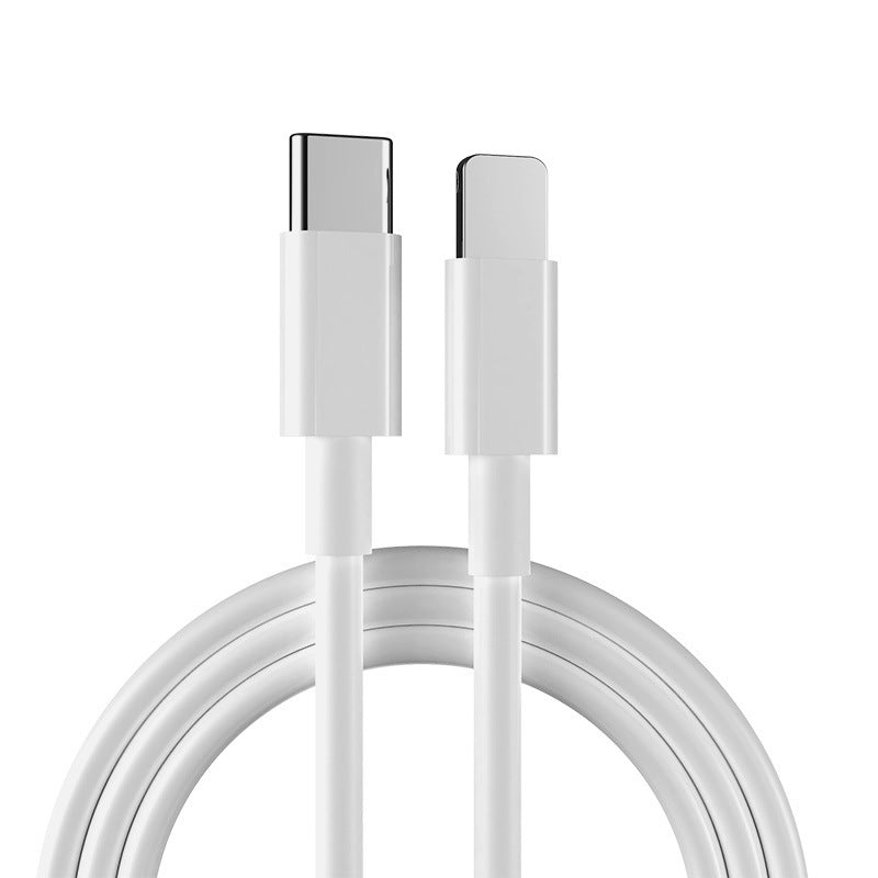 White USB-C to Lightning charging cable coiled with visible connectors on white background