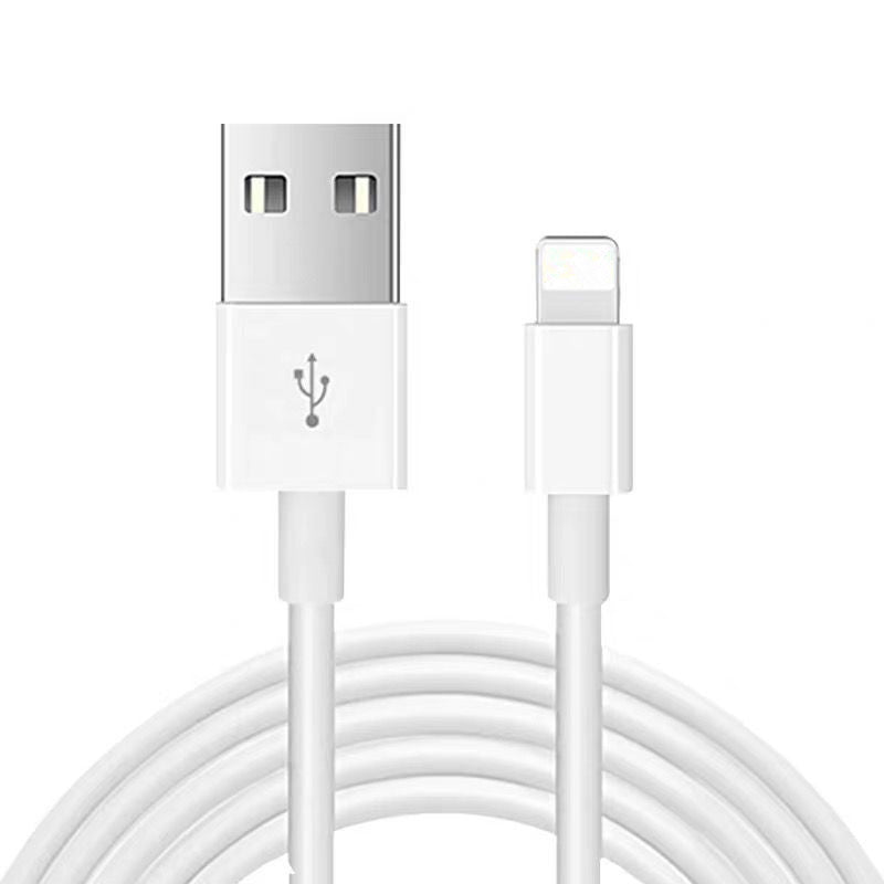 White USB to Lightning charging cable with coiled cord on white background