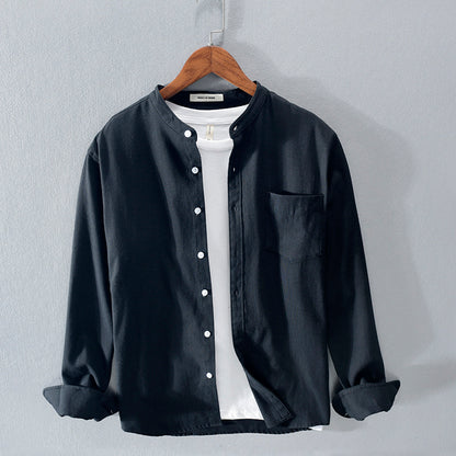 Stand-Up Collar Shirt - Long Sleeve Cotton Linen Fabric, Breathable Hemp Blend