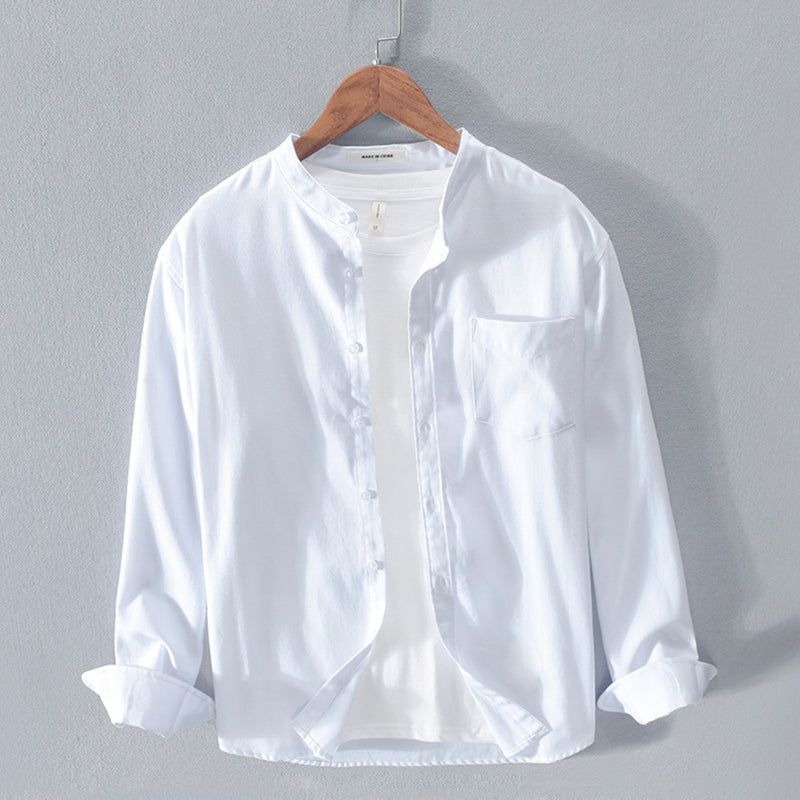 Stand-Up Collar Shirt - Long Sleeve Cotton Linen Fabric, Breathable Hemp Blend