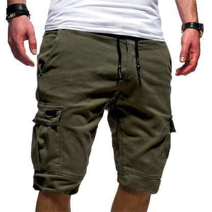 Men's olive green cargo shorts with drawstring waist and side pockets, styled with a white shirt