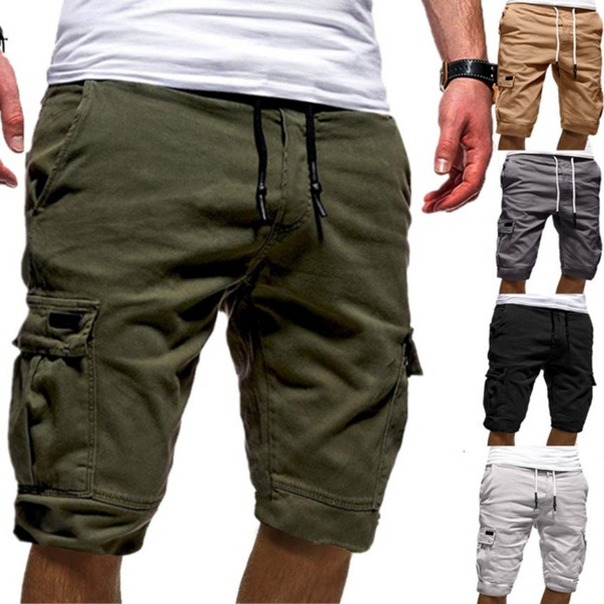 Men's casual cargo shorts in olive, beige, gray, black, and white with drawstring waist