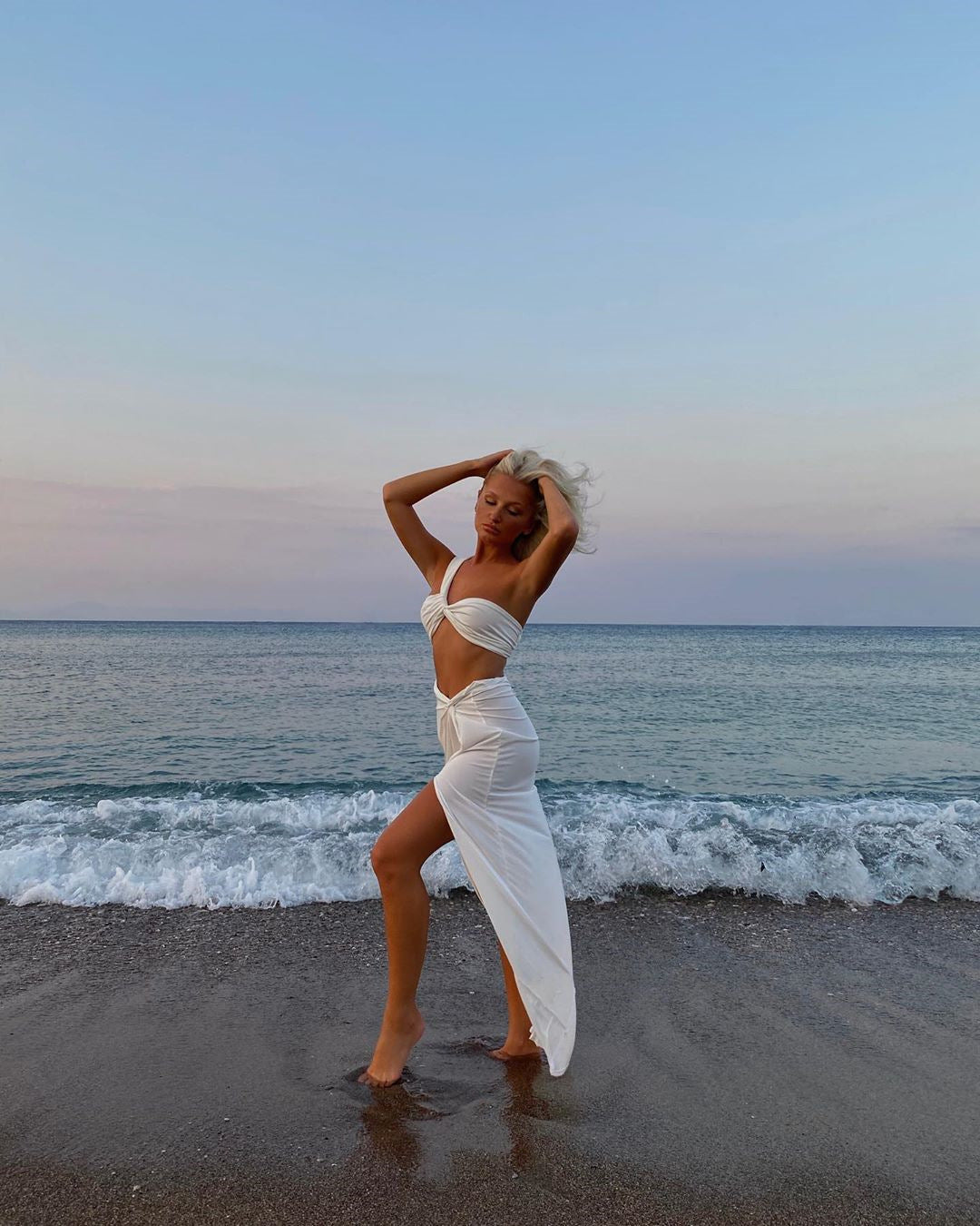 Sexy Crop Top Set – Two Piece Outfit With One Shoulder Twist Detail Top & Side Split Skirt