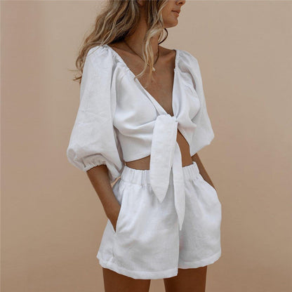 Wide Leg Short Suit | Elastic Waist Sleeve Top Set | Lightweight Summer Casual Outfit