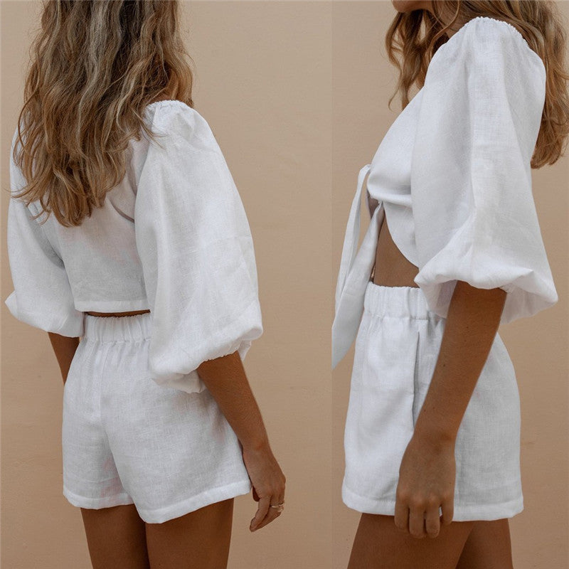 Wide Leg Short Suit | Elastic Waist Sleeve Top Set | Lightweight Summer Casual Outfit
