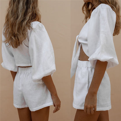 Wide Leg Short Suit | Elastic Waist Sleeve Top Set | Lightweight Summer Casual Outfit