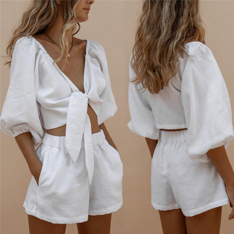 Wide Leg Short Suit | Elastic Waist Sleeve Top Set | Lightweight Summer Casual Outfit