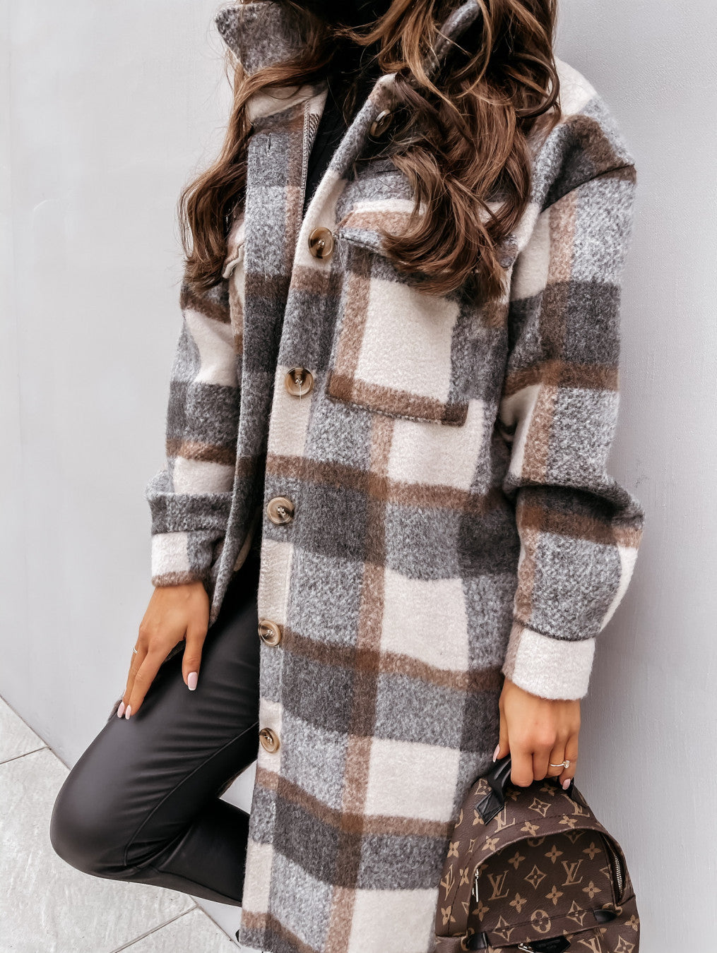 Woolen Coat - Casual Plaid Medium Length Button Front Outerwear