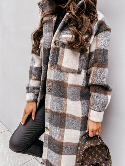Woolen Coat - Casual Plaid Medium Length Button Front Outerwear