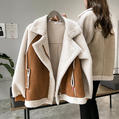 Women Suede Jacket | Short Lamb Velvet Motorcycle Jacket in Khaki Beige