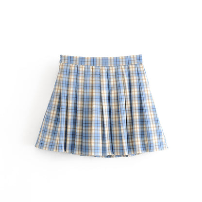 Blue and beige plaid pleated mini skirt on white background