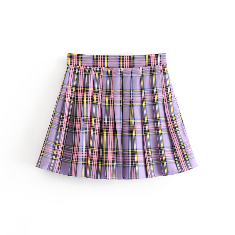 Purple and pink plaid pleated mini skirt with yellow and black accents on white background