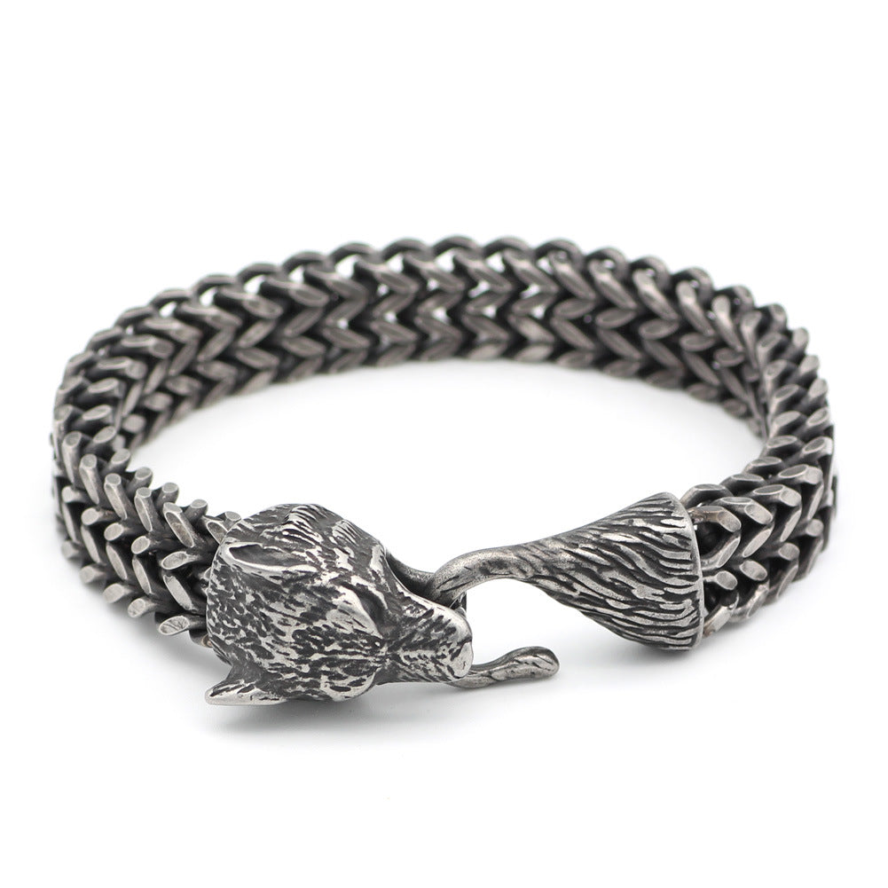 Black Wolf Bracelet | Men's Stainless Steel Cuban Chain Wristband