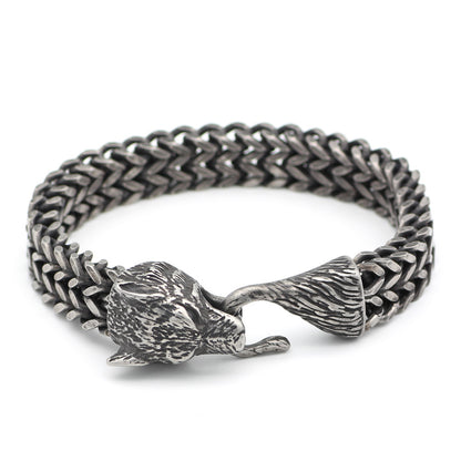 Black Wolf Bracelet | Men's Stainless Steel Cuban Chain Wristband