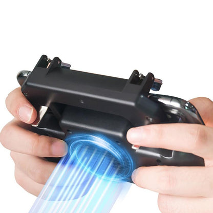 Hands holding black mobile game controller with built-in cooling fan and blue light effect