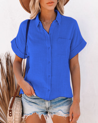 Lapel Button Shirt - Cotton Short Sleeve Women's Cardigan Style Top