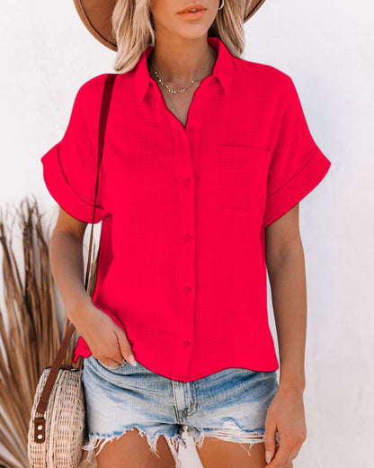 Lapel Button Shirt - Cotton Short Sleeve Women's Cardigan Style Top