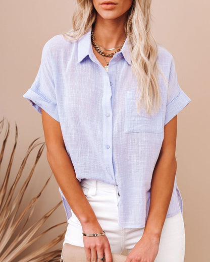 Lapel Button Shirt - Cotton Short Sleeve Women's Cardigan Style Top