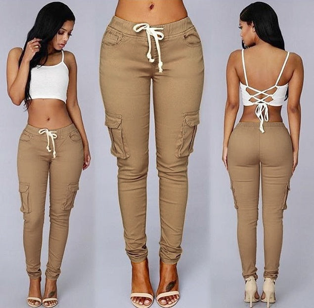 Women's Casual Pants - Multi-Pocket Cotton Trousers With Tight Fit And Middle Waist