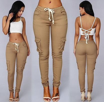 Women's Casual Pants - Multi-Pocket Cotton Trousers With Tight Fit And Middle Waist