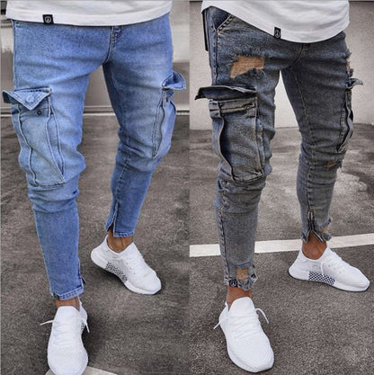 Cargo Hole Denim Jeans | Men's Skinny Cotton Tapered Pants Light Blue