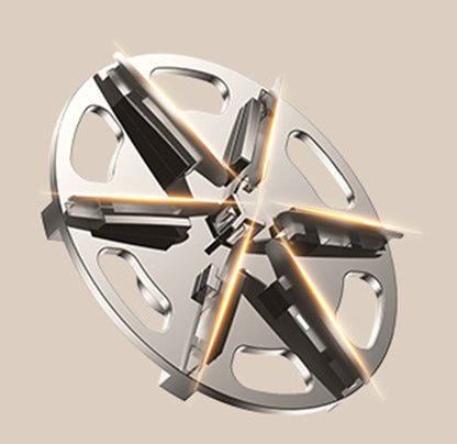 Circular stainless steel kitchen tool with six black blades radiating from the center