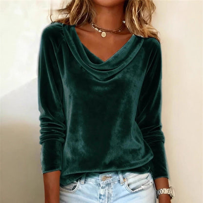 Fashion Women's Solid Color Draped Neck Long Sleeve Velvet T-shirt