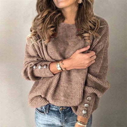 Long Sleeve Knit Shirt - Round Neck Button Knit Tee | Loose Fit Cotton Blend